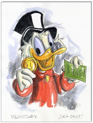 Dagobert Duck Cash only II - 24 x 32 cm - Original Federzeichnung farbig aquarelliert auf