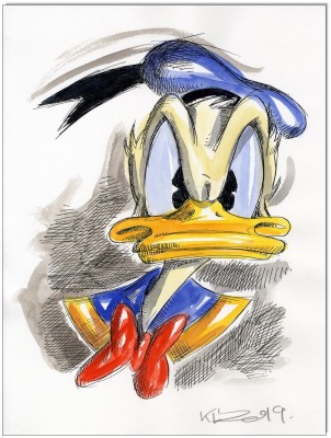 Donald Duck Angry Donald - 24 x 32 cm - Original Federzeichnung farbig aquarelliert auf