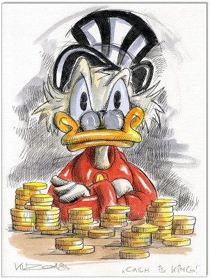 Dagobert Duck: Cash is King - 24 x 32 cm - Original Federzeichnung farbig aquarelliert auf