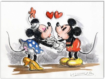 Mickey &amp; Minnie in Love I - 24 x 32 cm - Original Federzeichnung farbig aquarelliert auf