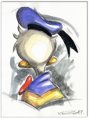 Donald Duck from rear - 24 x 32 cm - Original Federzeichnung farbig aquarelliert auf Aquarellkarton