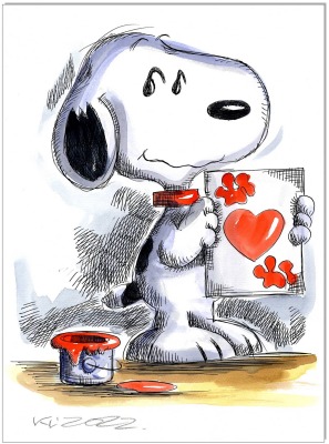 PEANUTS Snoopy Heart - 24 x 32 cm - Original Federzeichnung farbig aquarelliert auf Aquarellkarton -