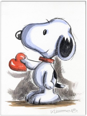 PEANUTS Snoopy Heart - 24 x 32 cm - Original Federzeichnung farbig aquarelliert auf Aquarellkarton -