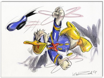 Donald Duck in Rage IV - 24 x 32 cm - Original Federzeichnung farbig aquarelliert auf Aquarellkarton