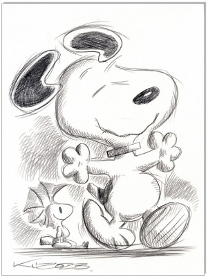 PEANUTS Snoopy &amp; Woodstock - 24 x 32 cm - Original Kreidezeichnung auf Zeichenkarton - Artikelnummer