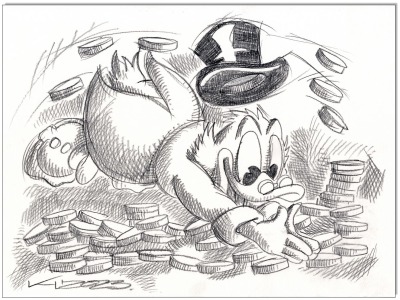 Dagobert Duck TRESOR - 24 x 32 cm - Original Kreidezeichnung auf Zeichenkarton - Artikelnummer 00331