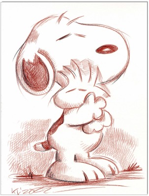 PEANUTS Snoopy &amp; Woodstock - 24 x 32 cm - Original Rötelzeichnung auf Zeichenkarton - Artikelnummer
