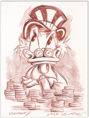 Dagobert Duck Cash is King - 24 x 32 cm - Original Rötelzeichnung auf Zeichenkarton - Artikelnummer