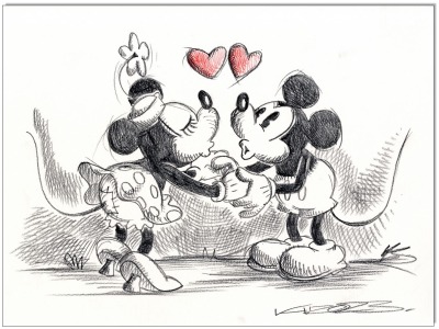 Mickey &amp; Minnie in love - 24 x 32 cm - Original Kreidezeichnung auf Zeichenkarton - Artikelnummer 00