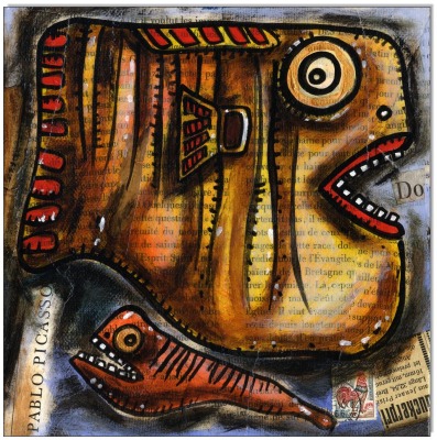 Picasso Fishes: DO - 20 x 20 cm - Original Acrylgemälde und Collage auf Leinwand/ Keilrahmen -