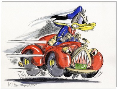 Donald Duck THE RACE - 24 x 32 cm - Original Federzeichnung farbig aquarelliert auf Aquarellkarton -