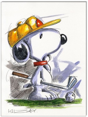 PEANUTS Snoopy Golf - 24 x 32 cm - Original Federzeichnung farbig aquarelliert auf Aquarellkarton -