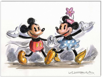 Mickey &amp; Minnie in love IV - 24 x 32 cm - Original Federzeichnung farbig aquarelliert auf