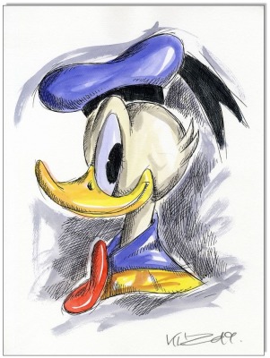 Donald Duck - 24 x 32 cm - Original Federzeichnung farbig aquarelliert auf Aquarellkarton -