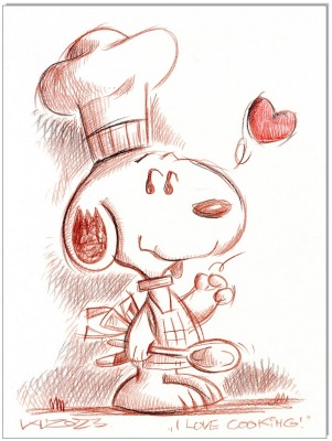 PEANUTS Snoopy I love cooking - 24 x 32 cm - Original Rötelzeichnung auf Zeichenkarton -