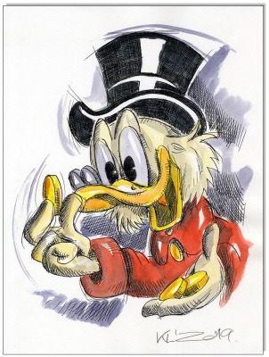 Dagobert Duck - 24 x 32 cm - Original Federzeichnung farbig aquarelliert auf Aquarellkarton -