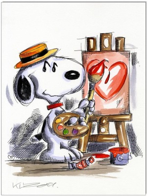 PEANUTS Snoopy The Painter - 24 x 32 cm - Original Federzeichnung farbig aquarelliert auf