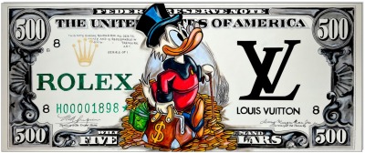 Dagobert Dollar VIII: Dagobert Duck 500 Dollar Bill - 50 x 119 cm - Original Acrylgemälde auf
