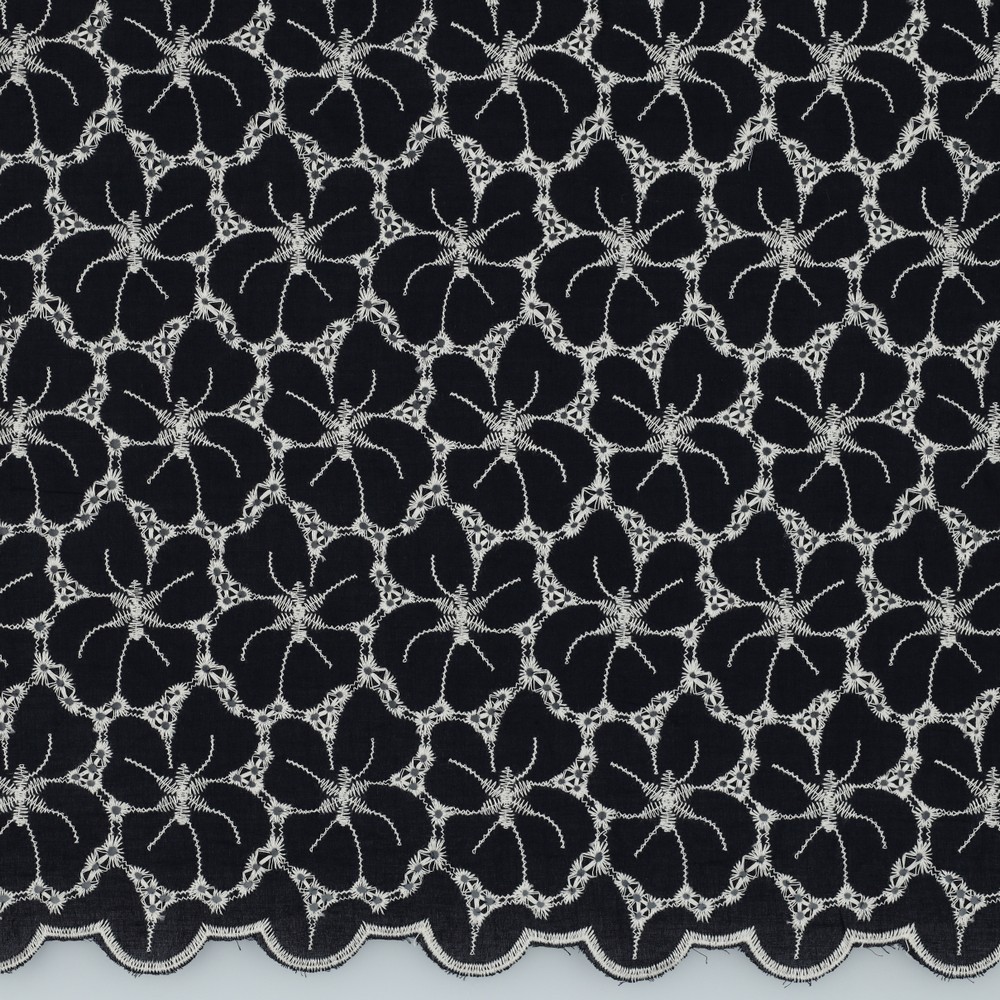 Baumwollstoff mit Stickerei | Embroidery | 2-seitige Bogenkante | navy 3