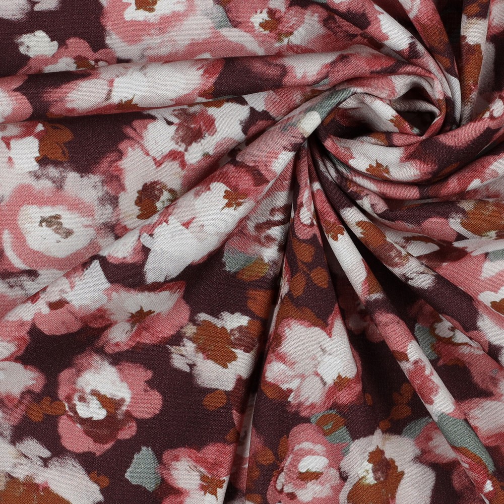 Viskose Popeline Stretch | FLOWERS | Digitaldruck | bordeaux | für Kleider, Blusen &amp; Hosen