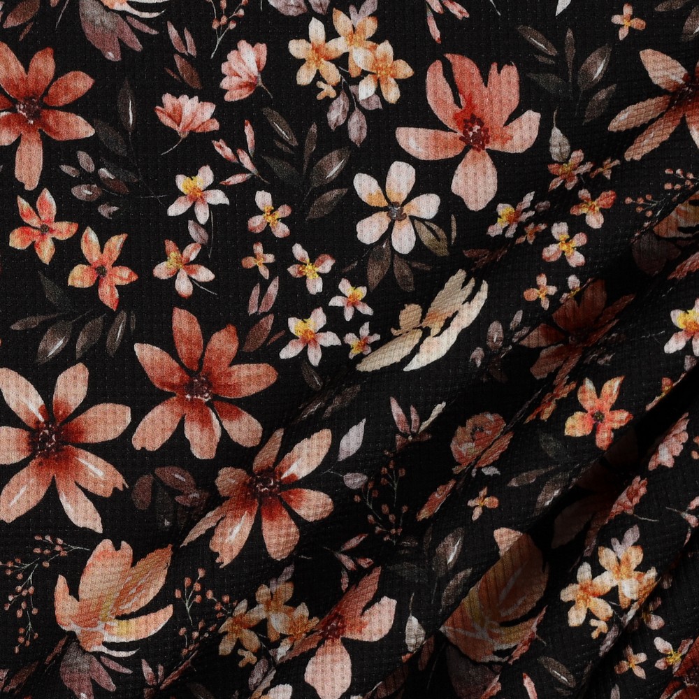 79 cm REST Waffelstrickjersey | FLOWERS | black | Ökotex | by Poppy