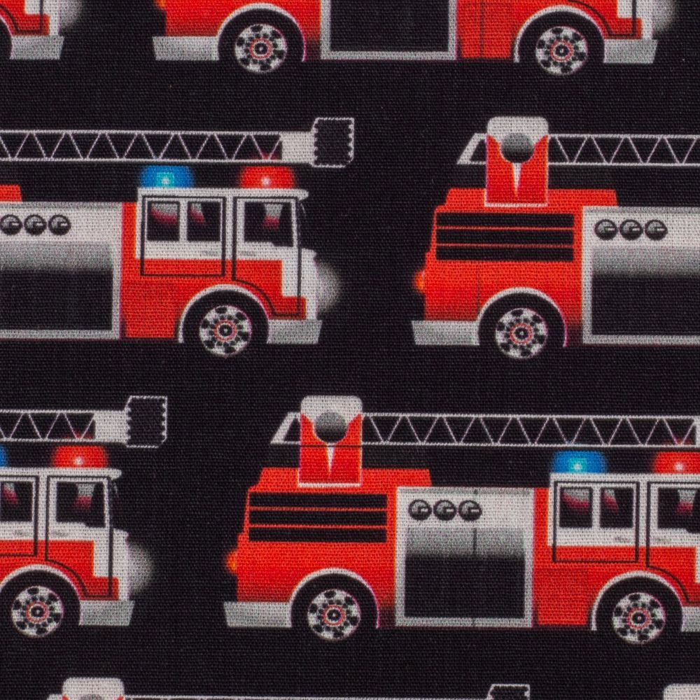 Baumwollstoff KIM | Feuerwehrautos, schwarz | Ökotex 2