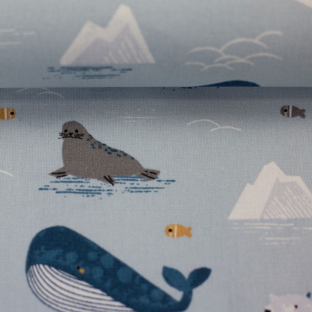 Canvas | Dekostoff | TONI | Wale, Pinguine, Seehunde, hellblau 2