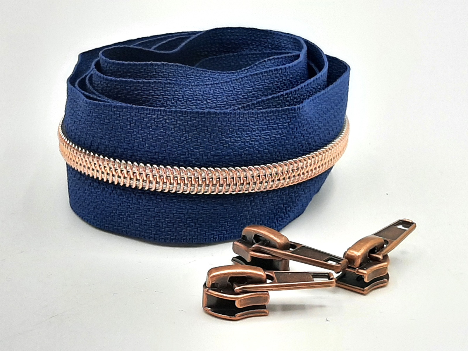 Reißverschluß kupfer metallisiert | 1 m incl. 3 Zipper | 6,5 mm Raupe | blau