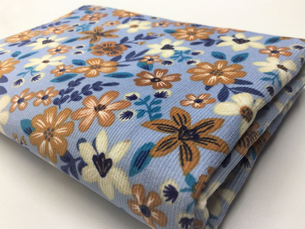 Feincord Babycord FLORAL PARTY | blue | by Poppy | Ökotex 2