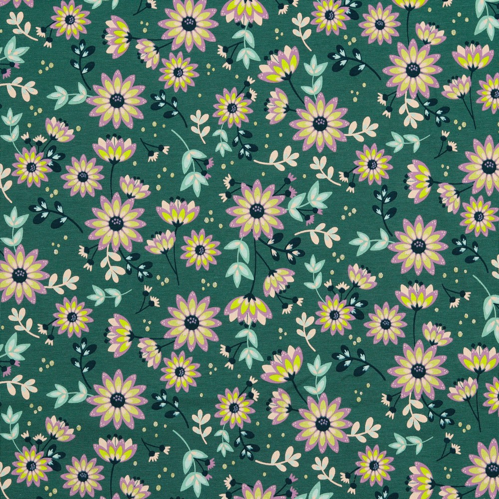 Baumwolljersey GLITTER FLOWERS | old green | Ökotex | ab 50 cm