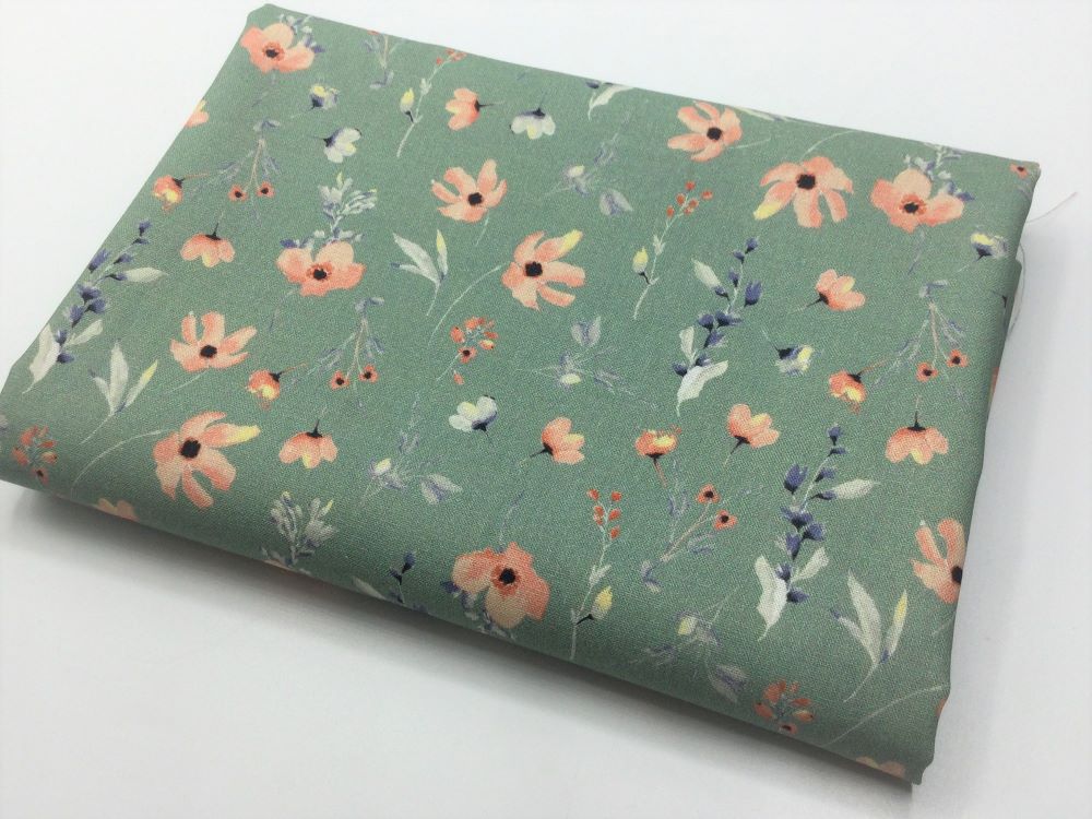 38 cm REST Baumwollstoff Popeline FLOWERS | dark mint | Ökotex | by Poppy