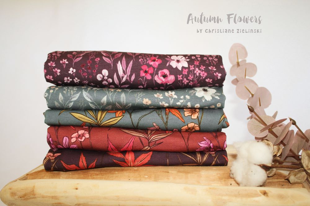 40 cm REST Modal-French-Terry AUTUMN FLOWERS | by Christiane Zielinski | bordeaux | Ökotex 4