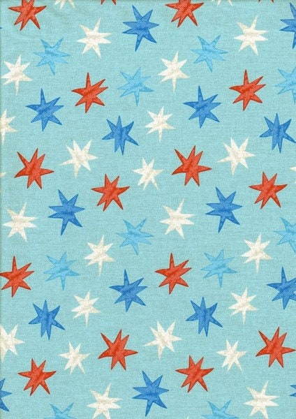 Baumwollstoff WENDELIN Sterne hellblau-rot-weiß
