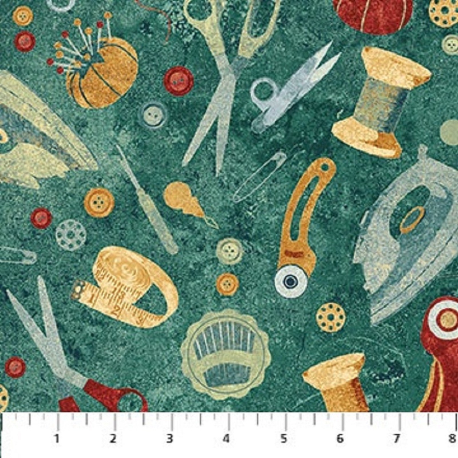 A Stitch in time | Northcott fabrics | Nähutensilien, grün | Baumwollstoff | Patchwork