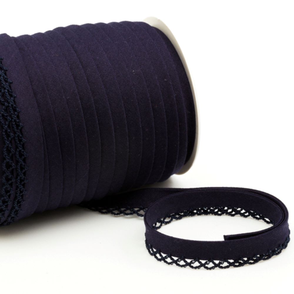 Schrägband mit Häkelborte | 12 mm | dunkelblau