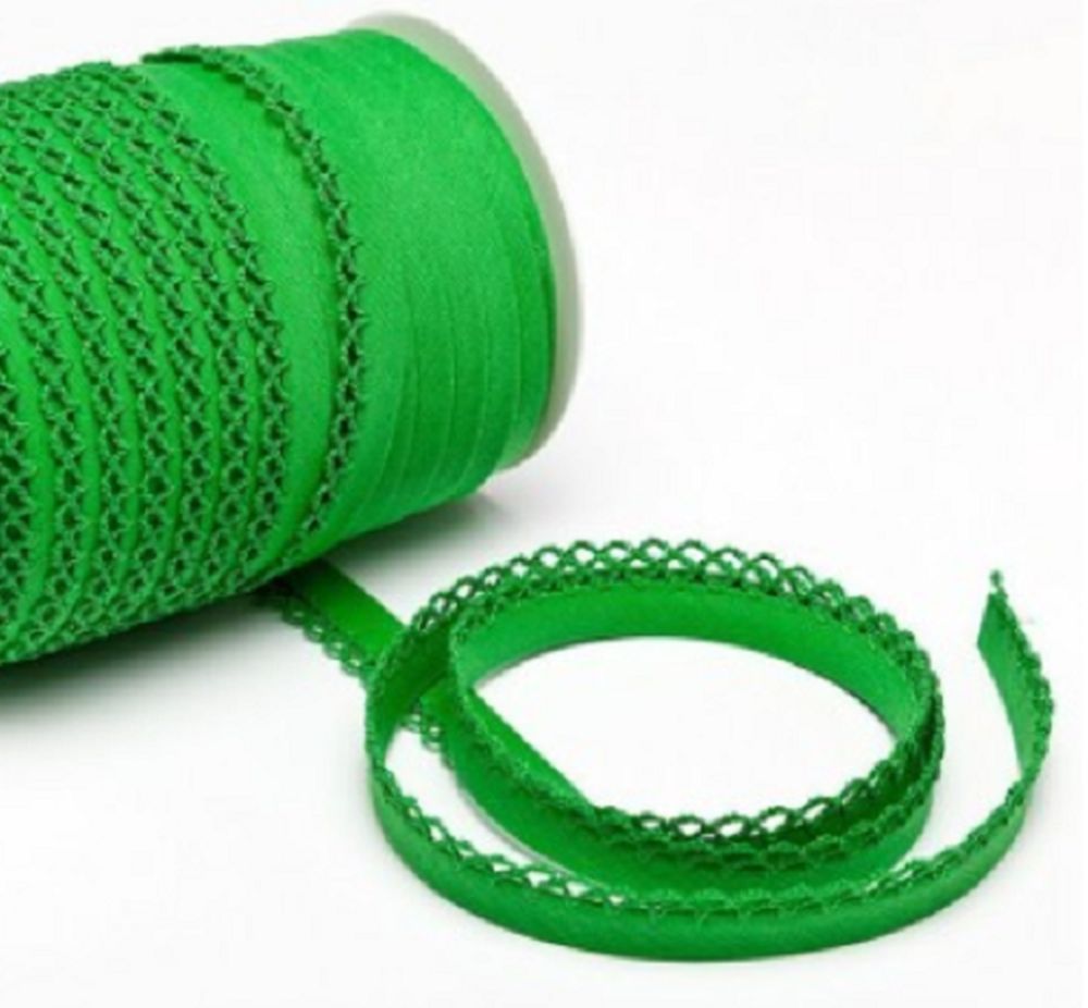 Schrägband mit Häkelborte | 12 mm | grasgrün
