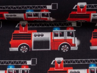 Baumwollstoff KIM | Feuerwehrautos, schwarz | Ökotex