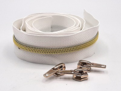 Reißverschluss gold metallisiert | 1 m incl. 3 Zipper | 6,5 mm Raupe | weiß