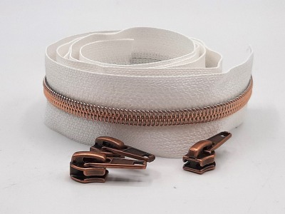 Reißverschluß kupfer metallisiert | 1 m incl. 3 Zipper | 6,5 mm Raupe | weiß