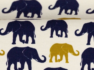 Baumwolljersey THEO | Elefanten, senf-dunkelblau | Ökotex