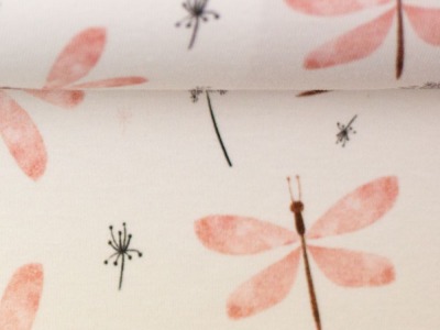 Baumwolljersey NORA | Libellen, Pusteblumen, naturweiß/altrosa | Ökotex | ab 50 cm