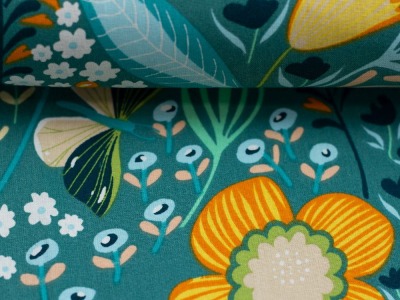 55 cm REST Beschichtete Baumwolle LEONA | Schmetterlinge, Blumen, petrol