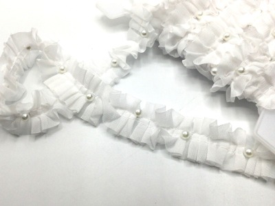 Tüll-Rüschenband | mit Perlen | 30 mm breit | weiß