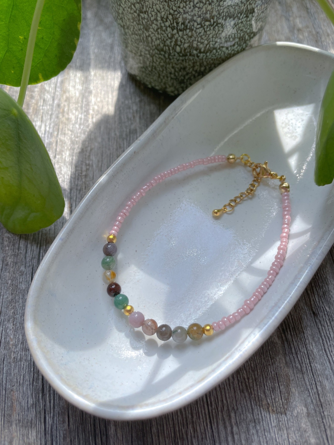 INDISCHER ACHAT handgemachtes zierliches Fusskettchen - 24K Gold - Silber - handmade beaded anklet