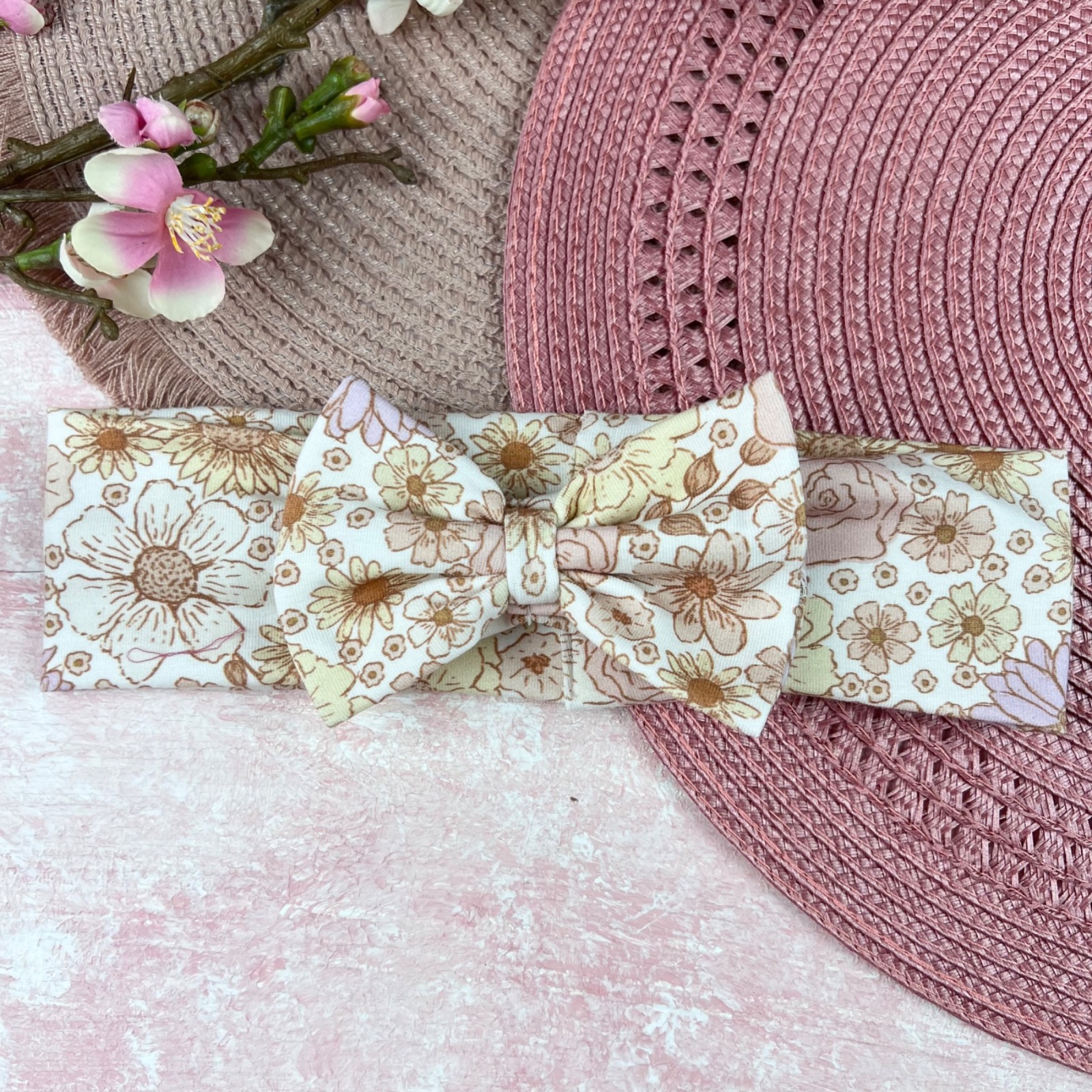 Haarband mit Schleife - beige Blumen