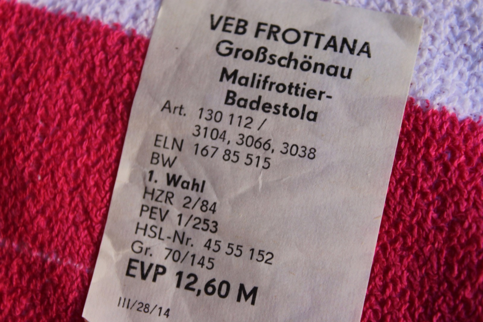 VEB Frottana Badestola Badetuch | 70 x 145 cm | pink weiß geblümt | UNBENUTZT | 80er Jahre DDR 6