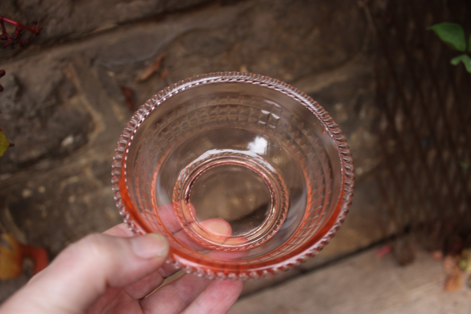 5 tlg Dessertschalen Set rosa Glas Rosalinglas Pressglas 50er Jahre 4