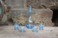 Art Deco Likör oder Schnaps Set Karaffe 6 Gläser blaues Glas Vintage Böhmen 60er 70er Jahre 2