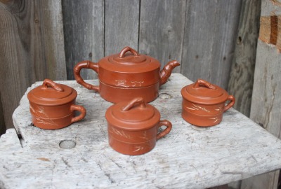 japanisches Vintage Teeservice Tee Set 4 teilig red clay rote Töpferware