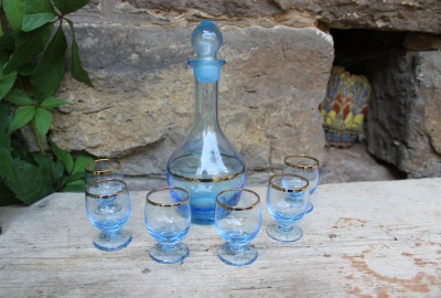 Likörset Schnapsset Karaffe 6 Gläser blaues Glas Vintage Böhmen 60er 70er Jahre - Bohemia Glas